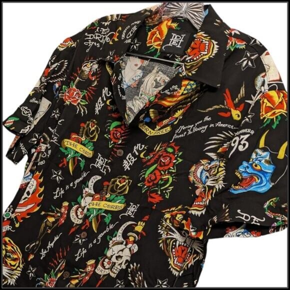 New ED HARDY AOP Black Flashboard Camp Button Up Shirt Skull Lion Tattoo Men M - Picture 5 of 9